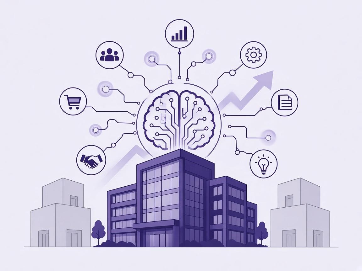 Illustration: a brain connected to the company’s functions above its headquarters, facing generic competitors