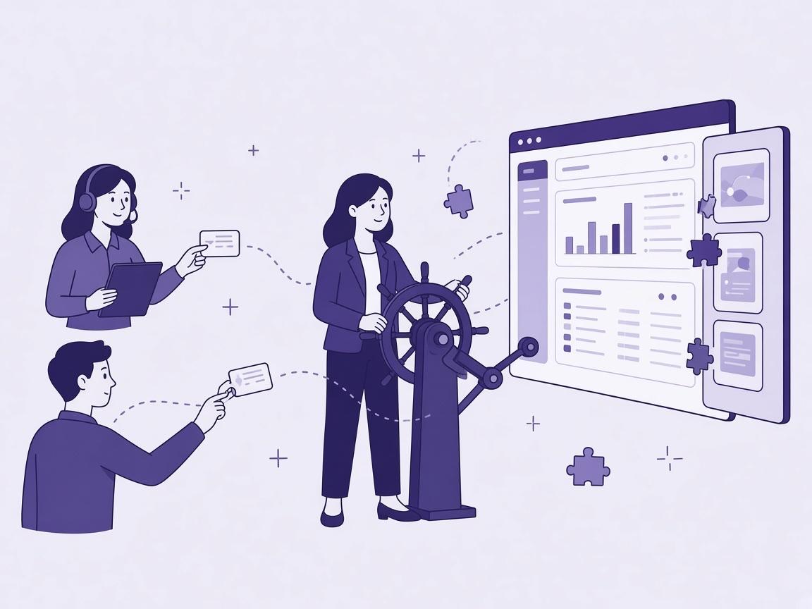 Illustration: colleagues send requests while a leader holds the helm of the software’s evolution