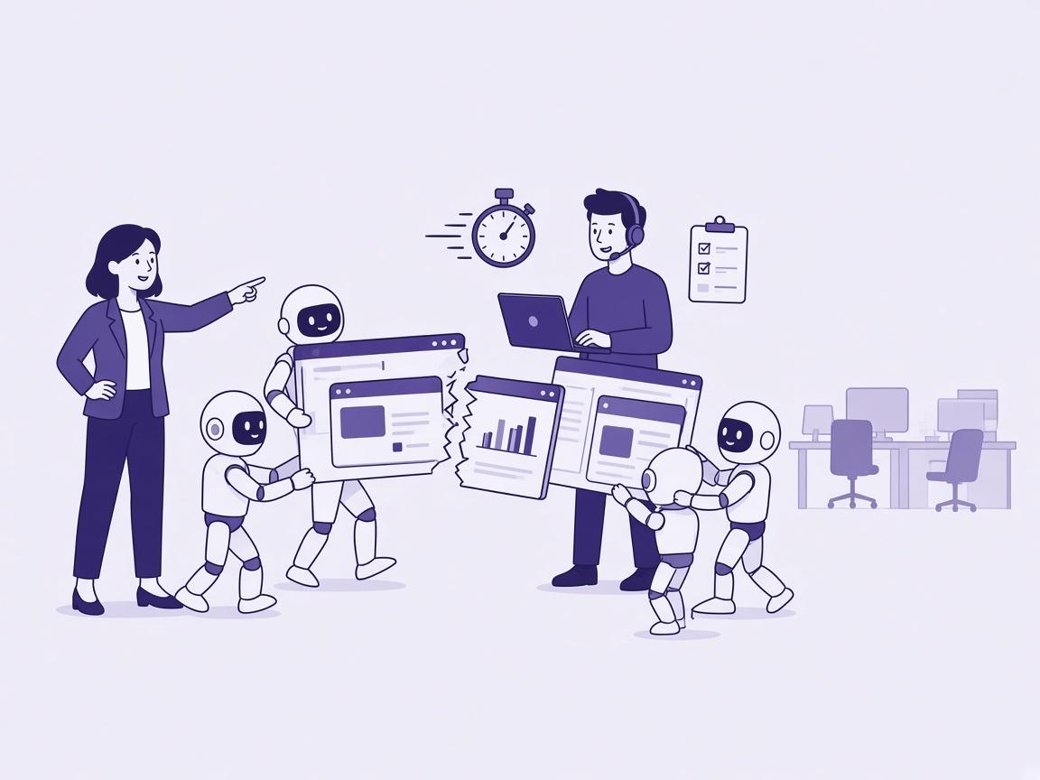 Illustration: a business leader and an AI2H expert supervise the AI2H system assembling software